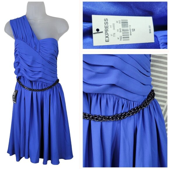 NEW Express size 12 party Dress Chain Belt Blue Pleated One Shoulder Flare NWT - Picture 1 of 8